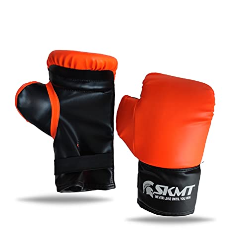 Image of SKMT NEVER LOSE UNTIL YOU WIN Kids Boxing Kit with Filled Punching Bag, Gloves and Headgear, Age 7-13 Years (Orange)