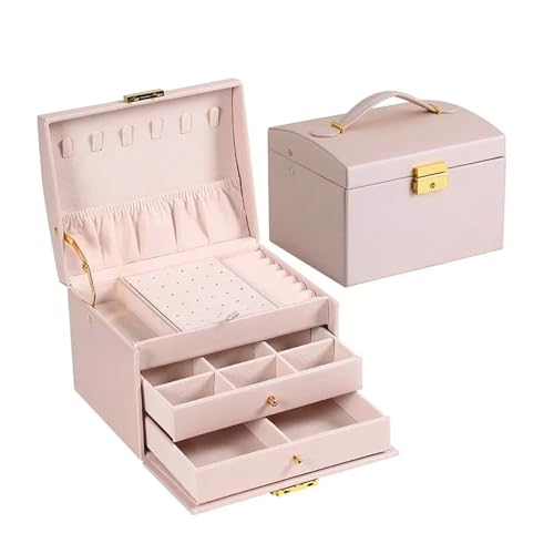 多機能3層レザー引き出しスタイルジュエリーボックスイヤリングロック1個(Pink)