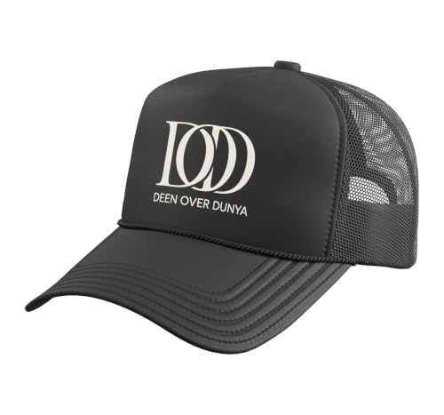 Black five-panel trucker cap with structured foam front and adjustable mesh back — the casual-wear pick in this set