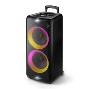 Philips X5206 bluetooth party speaker, portable with wheels, exciting light show, karaoke machine with microphone and Guitar Input, powerful bass & subwoofer, long playtime, perfect for outdoor events