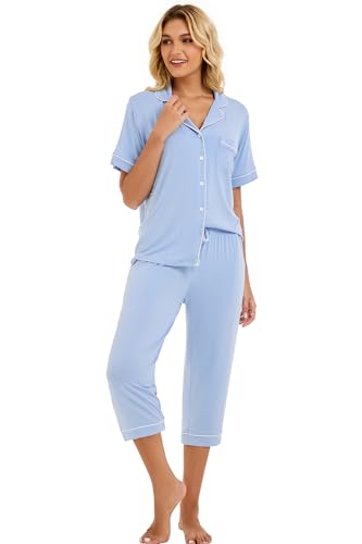Image of LUBOT Womens Bamboo Viscose Pajamas for Women PJ Set 2 Piece Cooling Soft Short Sleeve Capri Pants Summer Sleepwear Set S-XXL