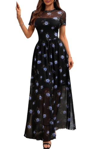 GothDark Women's Mesh Dress Short Sleeve Round Collar Floral Print High Slit Waist-Cinched Wedding...