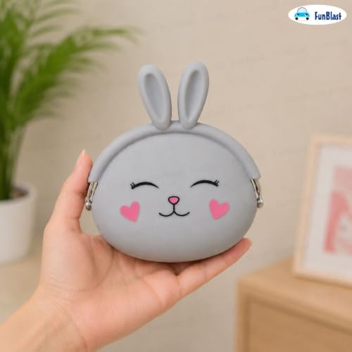 Image of FunBlast Cute Bunny Shape Silicone Coin Purse for Kids & Adults - Mini Pouch for Coins, Earphones, Keys & Small Essentials, Aesthetic Pouches for Girls & Women - 12 X 9.5 X 3 Cm (Bunny-Grey)