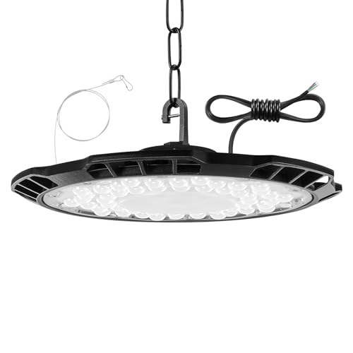 150W UFO LED High Bay Light, 15000lm 6500K Workshop Lighting, Cool White LED Work Lights, IP65 Waterproof Commercial Industrial Lamp for Factories Garage Warehouse with 75cm Cable, 50CM Chain