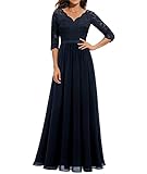 ecdahicc abito da donna elegante in pizzo con volant, con scollo a v, maniche corte, a vita alta, abito da sera lungo, blu scuro 1, s