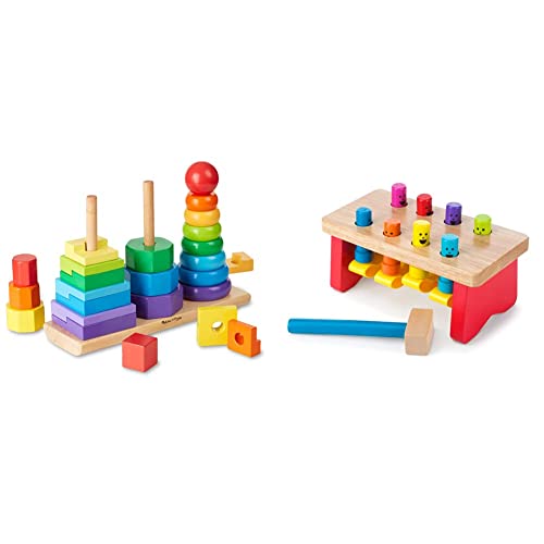 Melissa & Doug Geometric Stacker - Wooden Educational Toy & Deluxe Pounding Bench Wooden Toy with Mallet