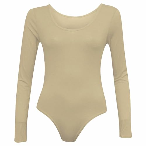 Image of GUBA New Womens Plain Long Sleeve Bodysuit Ladies Basic Scoop Neck High Stretch Leotard Top Soft Shapewear Thong Ballet Dance Gymnastics Body Hugging Jumpsuit Size UK 8-14 Stone