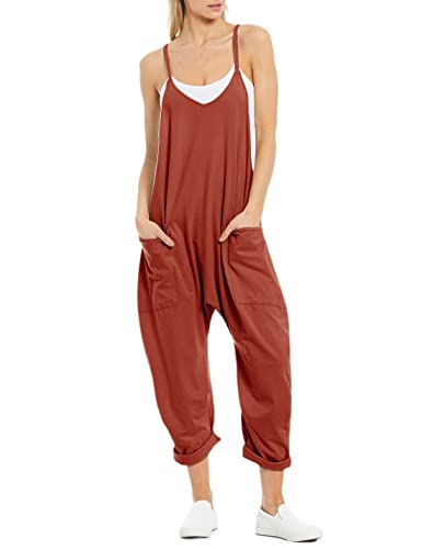 Freyhem Women's Loose V Neck Harem Jumpsuits Sleeveless Spaghetti Strap Baggy Overalls With Pocket(Rust-M) #TOP1