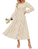 ZESICA Women's Fall Boho Floral Midi Dress 2025 Casual Long Sleeve Crewneck Flowy Wedding Guest Long Dresses,Apricot,Small