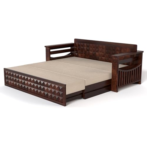 Image of Mamta Furniture Solid Sheesham Wood Sofa Set 3 Seater Furniture Wooden 3 Seater Sofa Cums Bed for Home Living Room with Cushions (Walnut with Cream, 3 Seater Design 1)