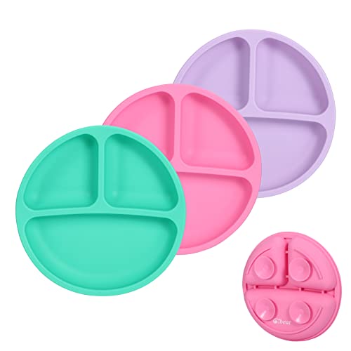 Image of Cibeat 3pcs Toddler Plates with Suction, 100% Safe BPA Free Soft Toddler Plates Silicone Divided Plates, Portable Dinner Plates for Kids, Dishwasher, Microwave and Oven Safe