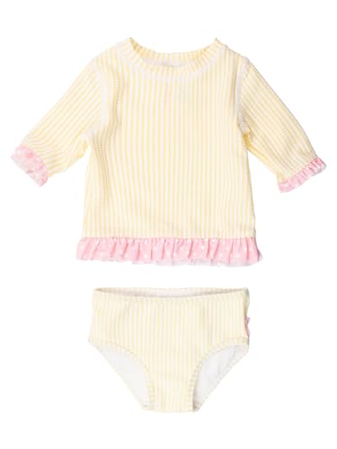 Image of RuffleButts Baby /Toddler Girls UPF50+ Sun Protection Seersucker Short Sleeve Ruffle Rash Guard Bikini