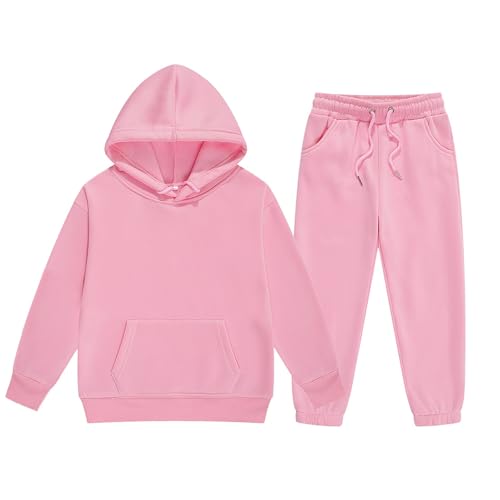 Girls Boys Sweatsuits 2pc Tracksuit Athletic Hooded Sweatshirt +Jogger Sweatpants Gymnastics (Pink, 12-13 Years)