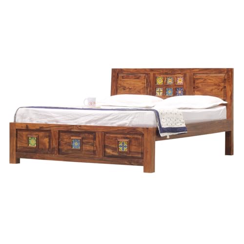 Image of Heritage Tile Design Sheesham Wood Queen Size Bed Without Storage (82x62 Inch) | Wooden Double Bed Cot for Bedroom Furniture | Modern Palang Bed | Honey Finish
