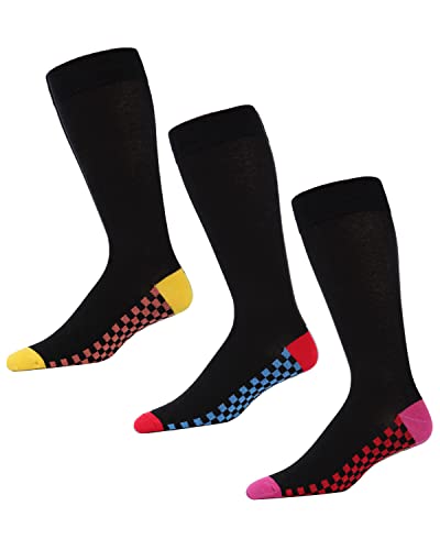 Memoi Men's Checkered Tops Cotton Blend Crew Sock 3 Pack Black/Coral 10-13 #TOP9