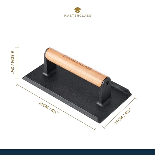 MasterClass Cast Iron Grill Press, Heavy-Duty Steak Weight with Wooden Handle, Burger Press, Accessory for Grill Pan and BBQ, 21cm, Black