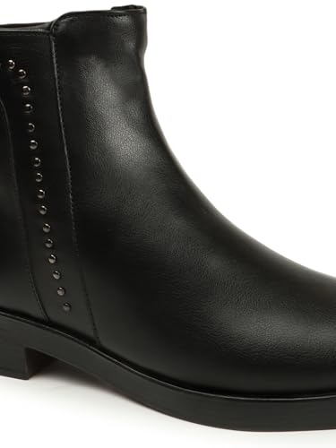 Image of ELLE Women Studded Low Block Heel Ankle Boots with Side Zipper