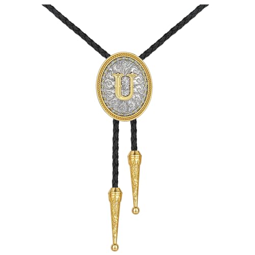Image of HUABOLA CALYN Bolo tie for Men, Western Cowboy Golden Alphabet Initial Letter ABCDJMR to Y Costume Bolo ties Neckties