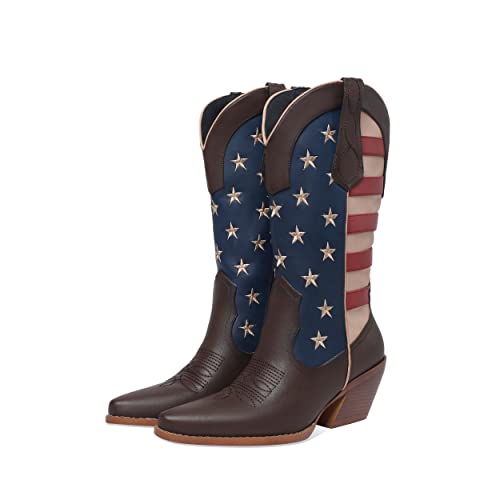 Z.oufeier Women's Western Cowboy Boots With Low Chunky Heel American Flag Mid Calf Brown Cowgirl Boots For Women(Flag,11) #TOP2