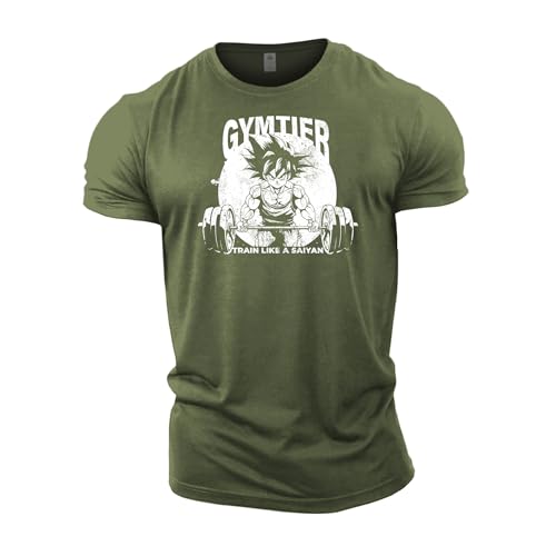 GYMTIER Train Like A Saiyan Anime - Camiseta de gimnasio para hombre, culturismo, entrenamiento, levantamiento de peso, ropa, verde, L
