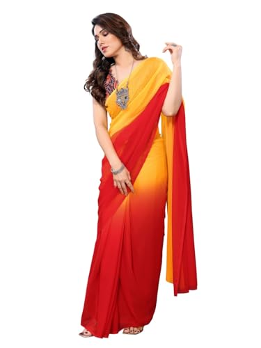 Image of RAJESHWAR FASHION WITH RF Ombre Plain Georgette Sarees For Women /College Girls Farewell With Digital Print Blouse