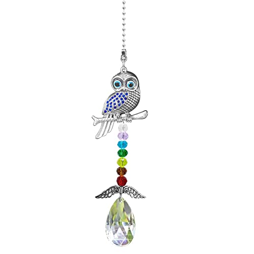 Blue Evil Eye Crystal Owl Sun Catchers with Wings for Windows Hanging Drop Prism Car Interior Accessories Suncatcher for Women and Men