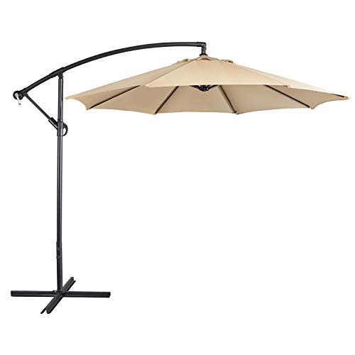 Topeakmart 10FT Outdoor Offset Patio Umbrella Table Hanging Umbrella Canopy Yard Cantilever Umbrella 8 Ribs with Hand-crank Lift & Easy-tilt System,Tan