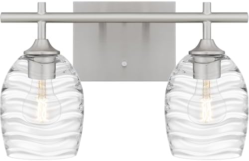 Quoizel Lucy Bath Vanity Lights, 15 Inch 2-Light Brushed Nickel Bathroom Lighting Fixtures Over Mirror, Clear Optic Glass, 100W, Coastal-Inspired Wall Mount Light for Bathroom
