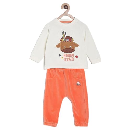 Image of miniklub Boys Off-White & Orange Printed T-Shirt With Trousers