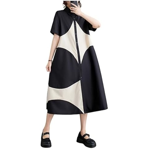 ellazhu Women's Short Sleeves Color Block Midi Length Button Down Shirt Dress GZ191 Black Cover