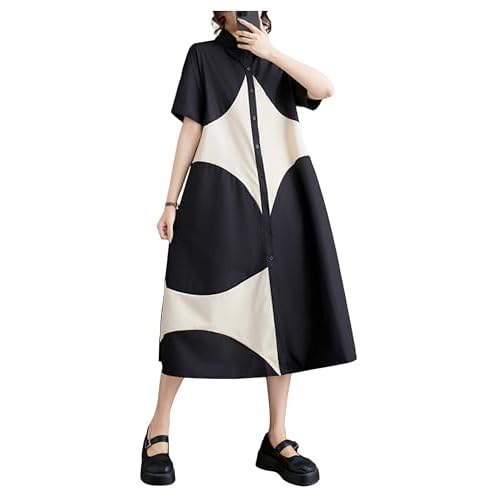 ellazhu Women's Short Sleeves Color Block Midi Length Button Down Shirt Dress GZ191 A Small-X-Large Black