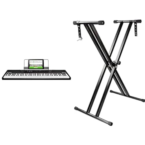 Alesis Recital - Piano Numérique/Clavier de 88 Touches Semi-Lestées, avec Un Adaptateur Secteur, des Enceintes Intégrées et 5 Voix Premium & Support pour clavier réglable double embase RockJam