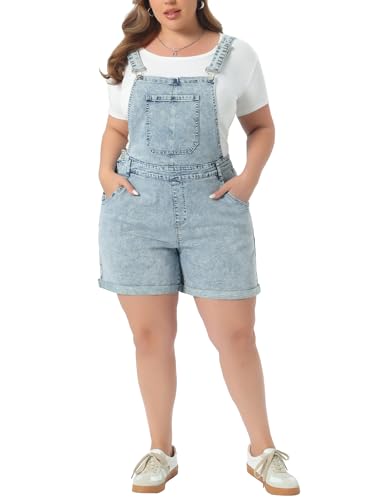 Agnes Orinda Plus Size Overalls Denim Pants for Women Roll Hem Chambray Shorts Pants 4X Light Blue Snow Wash