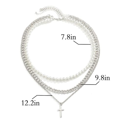 Pearl Necklace for Men Y2K Layered Cross Necklaces Mens Stainless Steel Chain Pearl Choker Compass Pendant 2/3PCS Necklaces Set for Men Women Jewelry for Father Boyfriend Husband2
