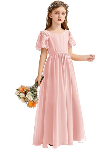 Flower Girl Dresses for Wedding Scoop Neck Short Sleeve A Line Chiffon Long Junior Bridsmaid Dresses with Sash2
