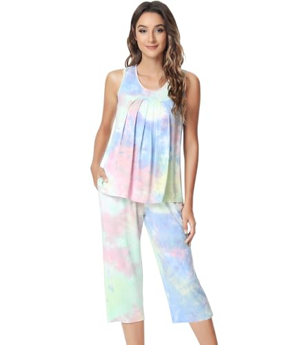 Image of NACHILA Pajamas for Women-Viscose Made from Bamboo, Sleeveless Pjs Tank Top Capri Pants Pajama Sets Cooling Sleepwear