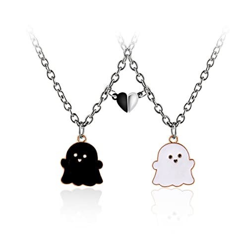 2Pcs Lovely Magnetic Love Heart Ghost Pendant Necklace Set for Women Men Best Friend Enamel Mutual Attract Magnet Couple Matching Necklace Halloween Jewelry Birthday Gift