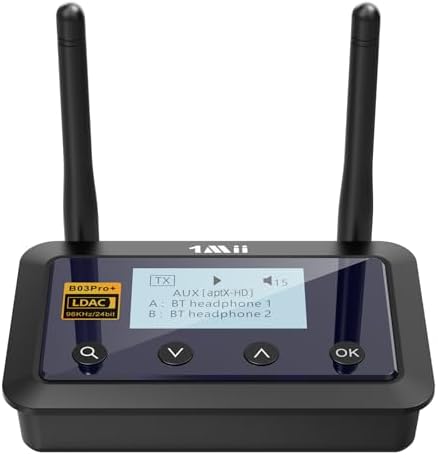 1Mii B03Pro+ Bluetooth 5.3 Transmitter Receiver Certified LDAC for TV Home Stereo, Long Range Bluetooth Extender Wireless Audio Adapter with Screen, Optical RCA AUX 3.5mm Outputs/Inputs