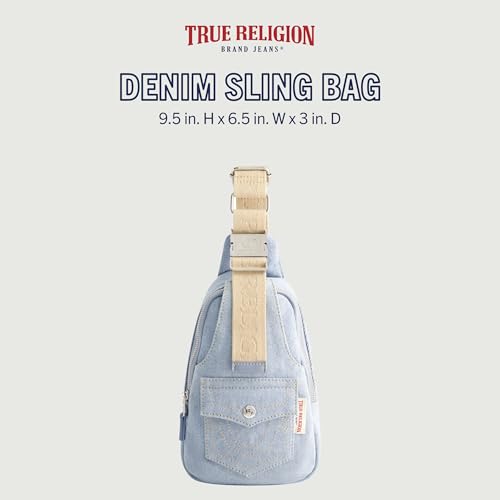 True Religion Women's Sling Bag, Denim Small Travel Backpack with Adjustable Shoulder Crossbody Strap and Front Pocket, Denim2