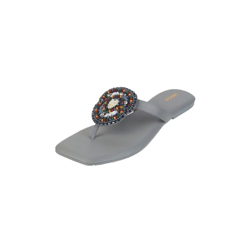 Mochi Women Grey Flat Beaded Ethnic Slip-on Sandal UK/4 EU/37 (32-966)