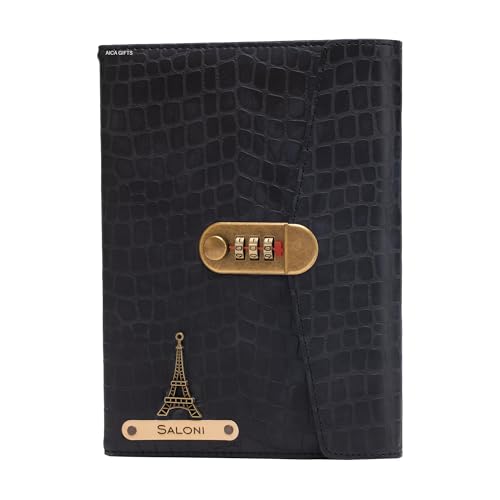 Image of AICA Personalized Name & Charm Leather Lock (Black) Diary � A5 Size 230 Pages with Combination Lock for Men & Women | Customized Planner Diaries Office Corporate Gift Items for Employee Colleagues