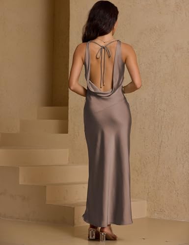 Image of KOUNAI Satin Backless Formal Maxi Dresses for Women Wedding Guest | Silk,Cowl Neck,Drape Neck,Open Back,Sleeveless,Tie Back,Elegant,Cocktail,Bridesmaid,Beach,Vacation,Party,Graduation,Midi