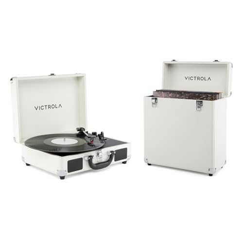 Image of Victrola Journey II Bluetooth 3-Speed Suitcase Record Player & Collector II Vinyl Record Storage Case, Holds 30+ Albums (Bundle, White)