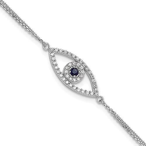 Solid 14k White Gold Small Diamond and Sapphire Blue September Gemstone Evil Eye Protection Bracelet - with Secure Lobster Lock Clasp 7