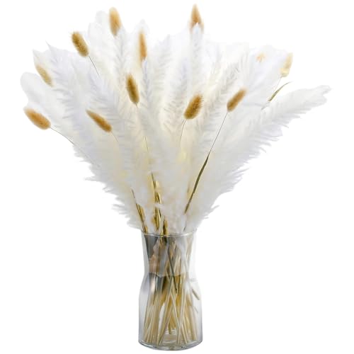Ramo de hierba pampas seca blanca y cola de conejo, 30 piezas miniatura 1
