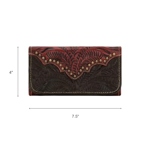 Image of American West Hand Tooled Handcrafted 100% Genuine Leather Tri-Fold Wallet for Women Credit Card Slots Cash Pocket and Clear ID Holder Western (Chocolate Brown /Distressed Crimson)