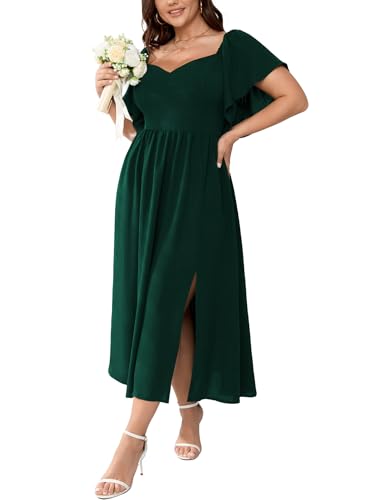 SCOMCHIC Damenkleider in Übergröße, kurzärmelig, Herzausschnitt, Hochzeitsgäste, Cocktailkleid, gesmokt, A-Linie, Schlitz, Maxikleid,...