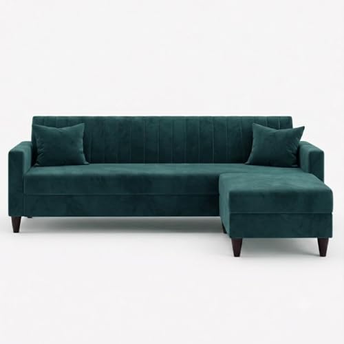 Image of FURNY Avvono 4 Seater L Shape Sofa Set with Movable Ottoman | Flexible Left or Right Layout | Plush Velvet Fabric (Greenish Teal) | Perfect for Living Room, Guest Room & Office
