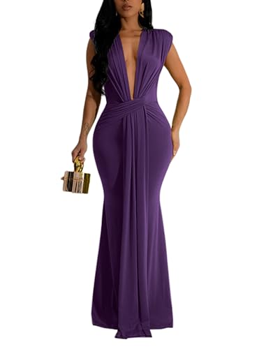 Image of Ekaliy Elegant Bodycon Dresses for Women Deep V Neck Maxi Dress Mermaid Long Dress