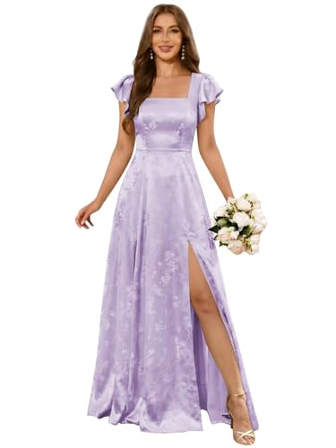 Djqpi Floral Bridesmaid Dress for Women with Slit Long Jacquard Satin Square Neck Formal Evening Gown Lilac Size 6